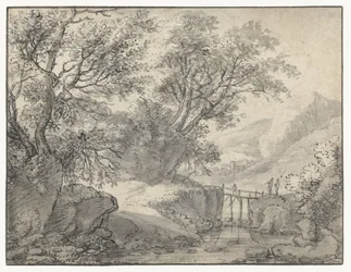Berglandschaft mit Bäumen und einer Brücke über einen Bach