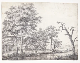 Flusslandschaft mit Mann in einem Boot