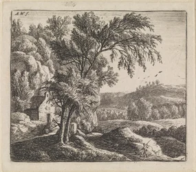 Landschaft mit Haus an einer Felswand