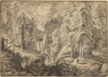 Gebirgslandschaft, Bauern auf einer Lichtung nahe einem Wasserfall (Vorderseite); Landschaftsskizze (Rückseite)