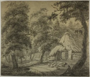 Reetdachhütte im Wald mit Schäfer und Schafen