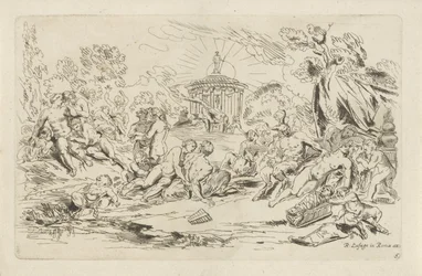 Nymphen und Satyrn vor einem Tempel des Bacchus