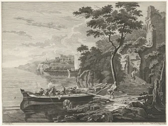 Figuren bei einem Boot in einer Berglandschaft