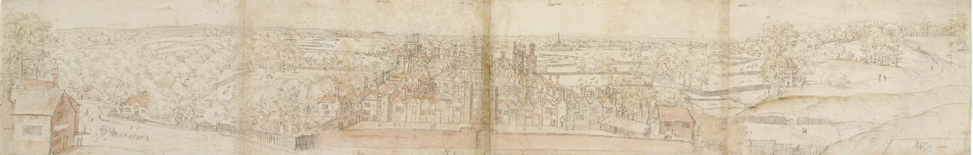 Oatlands Palace von Süden, 1559. Rückseite: Richmond Palace und Dächer von Oatlands, 1559