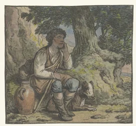 Junge unter einem Baum mit einem Hund und einem Krug
