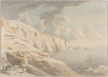 Ansicht der Needles und der weißen Klippen von Allum Bay, Isle of Wight
