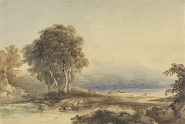 Gebirgige Landschaft mit See und Bach