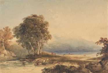 Gebirgige Landschaft mit See und Bach