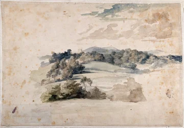 Eine englische Landschaft mit Wiesen und bewaldeten Hügeln (Bleistift & Aquarell auf Papier)
