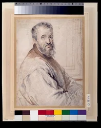 Michelangelo, vermutlich nach Bugiardini oder Federico Zuccaro (rote & schwarze Kreiden über Feder & Tinte mit Waschung auf Papier)