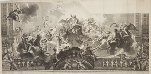Entwurf des Mittelpaneels der Decke der Großen Galerie des Palais Royal, graviert von Nicolas Henri Tardieu (1674-1749)