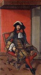 Porträt von König Ludwig XIV., ganzsitzend, in einem bestickten blau-goldenen Mantel mit weißem Kragen und einem pelzbesetzten Hut, auf einem Thron