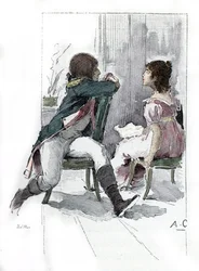Porträt von Napoleon Bonaparte (1769-1821) mit seiner Verlobten Désirée Clary (1777-1860), ca. April 1795 (Porträt von Désirée Clary zur Zeit ihrer Verlobung mit Napoleon Bonaparte, April 1795), Zeichnung von Antoine Calbet aus „Napoleon et les femmes“
