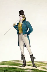 Ein Dandy in einem Robinson-Hut, mit kindlichen Locken, gestrickten Hosen und Reitstiefeln, Tafel 5 in der Serie Incroyable et merveilleuse
