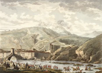 Die Schlacht von Millesimo, 25 Germinal, Jahr 4 (April 1796) graviert von Jean Duplessi-Bertaux (1747-1819)