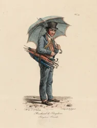 Der Regenschirm- und Sonnenschirmverkäufer, Nummer 23 aus der Serie Die Rufe von Paris, graviert von Francois Seraphin Delpech (1778-1825)