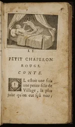 "Das Märchen Rotkäppchen", Seite aus "Geschichten oder Märchen der Vergangenheit. Mit Moralitäten" von Charles Perrault, Paris: Claude Barbin, 1697