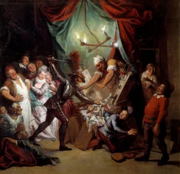 Don Quijote zerstört die Marionetten, die er für Mohren hält. „Der sinnreiche Junker Don Quijote von der Mancha“ von Miguel de Cervantes Saavedra (1547-1616).