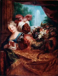 Junges Mädchen, das einen Hund streichelt, und ein Schwarzer Diener, der einen Obstkorb präsentiert. Ein kleiner Affe sitzt auf ihrer Schulter. Antoine Coypel (1661-1722). Maße: 28 x 21,5 cm. Paris, Musée du Louvre
