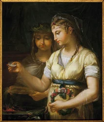 Zwei Vestalinnen bereiten ein Opfer vor. Gemälde von Antoine François (Antoine-François) Callet (1741-1823), Öl auf Leinwand