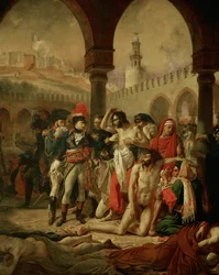 Kaiser Napoleon I. Bonaparte besucht die Pestkranken in Jaffa, gefolgt von seinen Generälen Berthier und Bessières