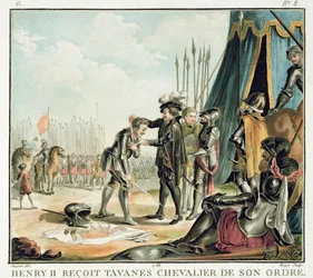 Henri II. (1519-59) empfängt Jean de Tavanes als Ritter in seinen Orden, graviert von Roger, 1788