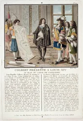 Jean Baptiste Colbert (1619-83) präsentiert die Karte des Canal du Languedoc an Ludwig XIV., graviert von Jean Baptiste Morret, 1788