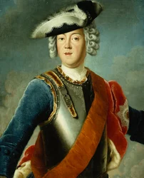 Porträt eines Gentlemans, angeblich August William, halblang, in blauer Jacke, weißem Hemd und Brustpanzer