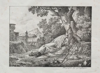 Sammlung lithografischer Versuche: Rauchender Drache am Fuße eines Baumes, 1822
