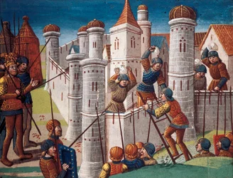Belagerung einer Stadt, Miniatur aus dem Manuskript "Der Roman von Ogier dem Dänen"