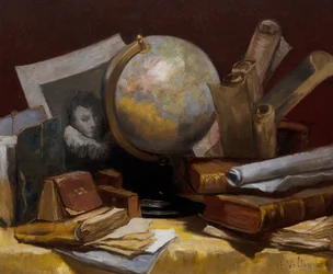 Stillleben mit einer Weltkarte, Büchern und Pergamenten