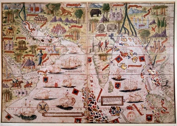 Der portugiesische nautische Atlas der Indes. Seite des Atlas Miller Manuskripts, erstellt 1519 von Pierre und Georges Reinel, Lopo Homem (Kartographen) und Antoine de Hollande (Miniaturist). 16. Jahrhundert. Paris, B N.