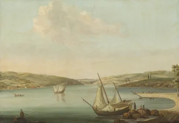 Ansicht des Bosporus, aufgenommen von der Höhe von Beykoz im Nordwesten, mit dem Aquädukt von Justinian im Hintergrund