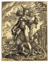 Die Gottheit von Heresia, eine allegorische Figur in Form einer Frau mit Eselsohren, die ein Buch mit zerrissenen Seiten und ein monströses Wesen zwischen ihren Beinen hält. Gegenreformatorischer satirischer Druck von Anton Eisenhout Ende des 16. Jahrhunde