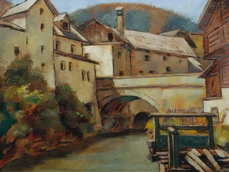 Ansicht einer Stadt mit Fluss und Brücke