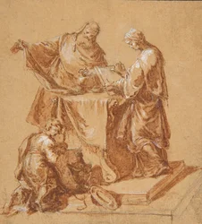 Ein Hohepriester, die Prophetin Anna und ein kniender Junge um einen Tisch, 1745