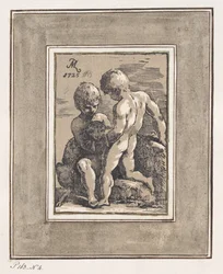 Zwei Kinder spielen mit einem Lamm, 1725