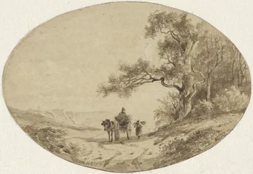 Holzsammler bei Pferd und Wagen auf dem Weg