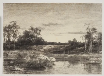 Landschaft mit einem Fluss oder See im Vordergrund