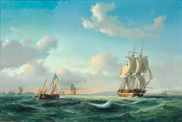 Das Segelschiff ‚Johanna‘ und andere Schiffe vor Schloss Kronborg