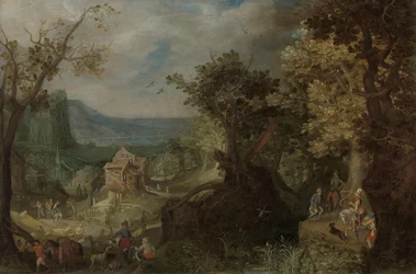 Jäger und Reiter auf einer bewaldeten Straße, mit einem Dorf in einem Tal dahinter
