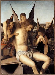 Pietà mit drei Engeln. Der tote Christus, von drei Engeln auf seinem Grab gestützt. 1475. Maße: 145 x 85 cm. Venedig, Museo Correr