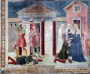 Leben der heiligen Francesca Romana: Die Heilige heilt einen Mann, der von seinen Feinden zu Tode geprügelt wurde (Fresko)