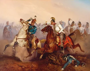 Kampf zwischen kaiserlichen österreichischen Dragonern und ungarischen Honvéd-Husaren ... Ungarn 1849, 1854