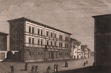 Ansicht des Bischofspalastes in Pistoia, Toskana, Italien, Kupferstich von Antonio Morghen