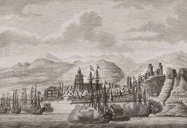 Niederländische Flotte vor Malaga, Spanien 1784, Salut schießend. (Druck)