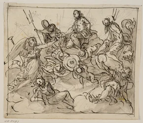 Allegorische Komposition mit Venedig umgeben von zwei Meeresgöttern, Ruhm und anderen Figuren