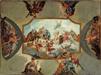 Ehrerbietung gegenüber Johann Wilhelm, Kurfürst von der Pfalz. Entwurf für ein Deckenbild für Schloss Bensberg