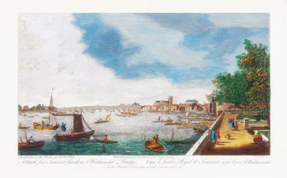 Ein Blick von Somerset Gardens zur Westminster Bridge, graviert von John Miller, 1750