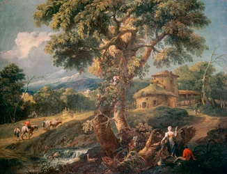 Berglandschaft mit Menschen und einem Fluss, von Antonio Diziani (1738-1797)